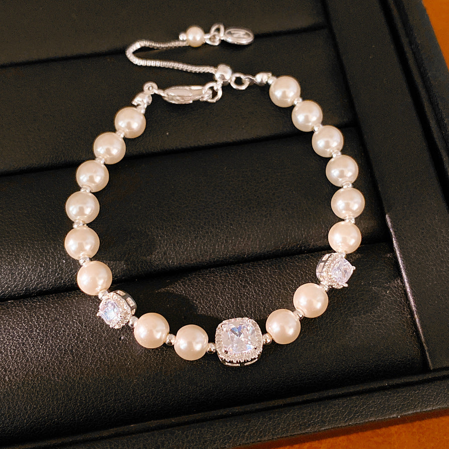 18k real gold electroplated square zircon beaded pearl bracelet light luxury niche bracelet commuting versatile jewelry wholesale