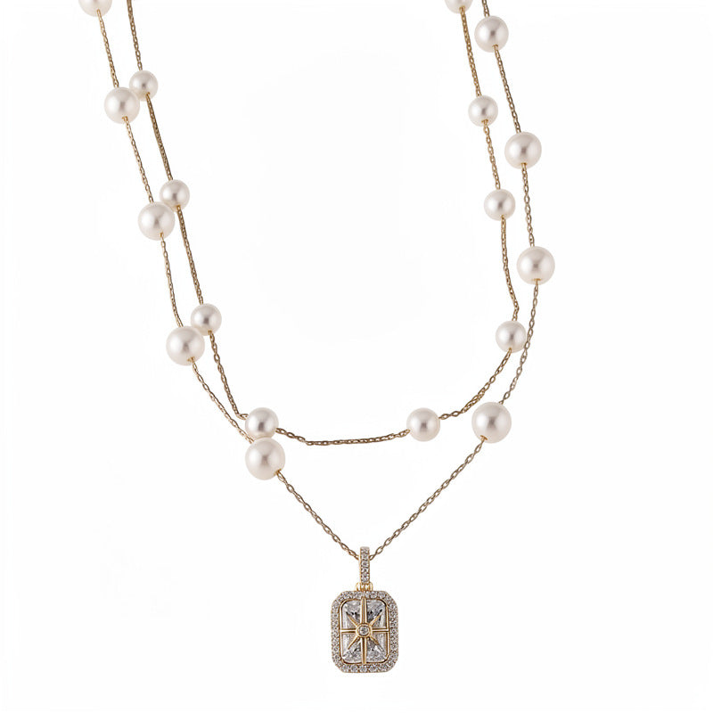 18k real gold electric double-layer zircon mango pearl necklace light luxury niche high-end clavicle chain temperament wind necklace decoration