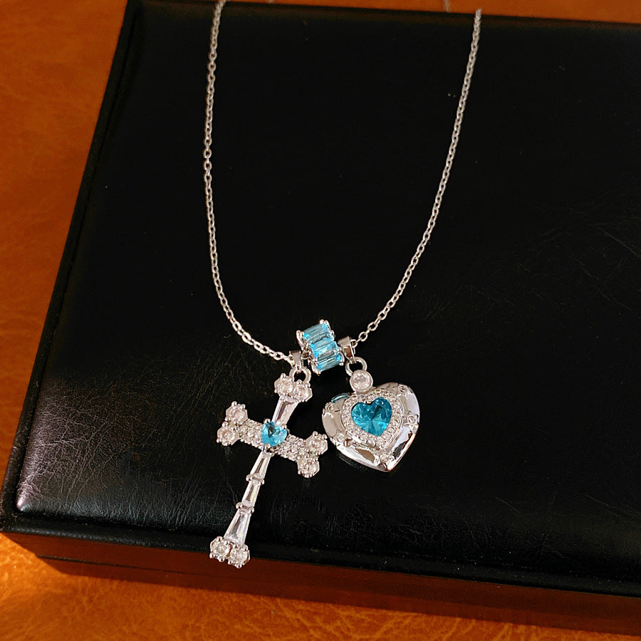 Blue zircon geometric cross love necklace light luxury niche high-end clavicle chain temperament personalized necklace