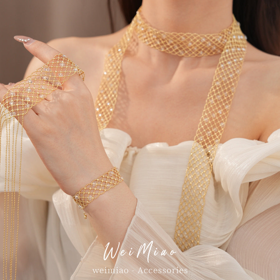Round glass hollow bracelet necklace personality temperament fashion sweater chain high sense light luxury jewelry set wholesale