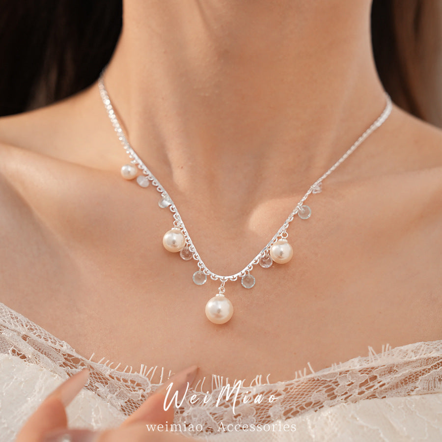 Zircon fringed lace pearl necklace light luxury niche high-end clavicle chain vacation accessories fresh and sweet necklace