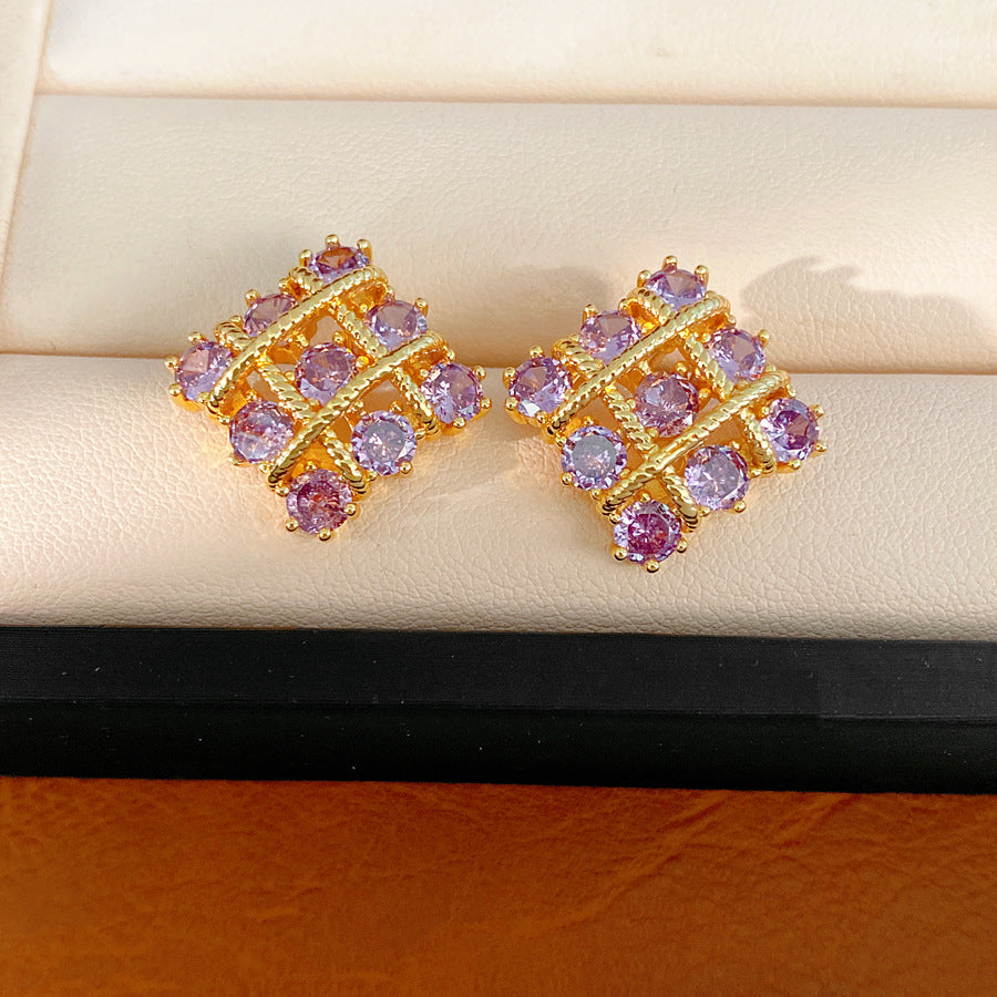 18k real gold electroplated silver needle inlaid zircon rhombus stud earrings personalized temperament niche earrings light luxury high-end earrings