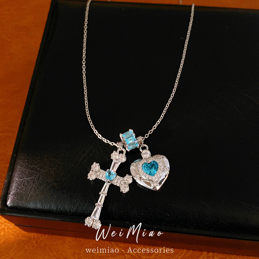 Blue zircon geometric cross love necklace light luxury niche high-end clavicle chain temperament personalized necklace
