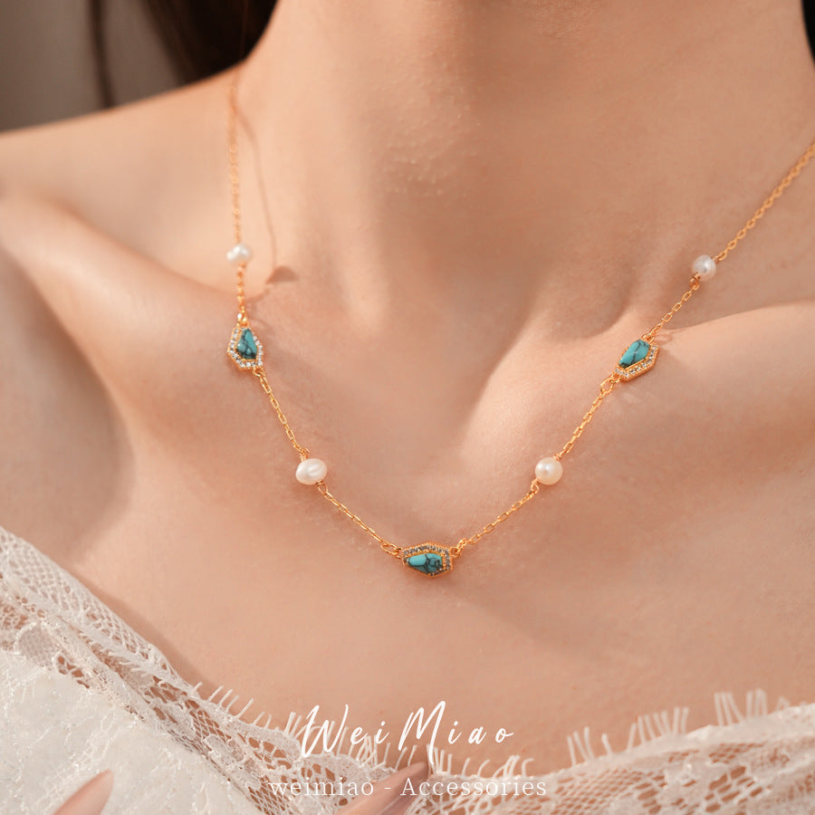18k real gold electroplated zircon freshwater pearl stone necklace light luxury niche collarbone chain temperament retro necklace women