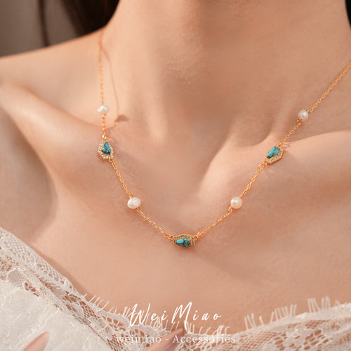 18k real gold electroplated zircon freshwater pearl stone necklace light luxury niche collarbone chain temperament retro necklace women