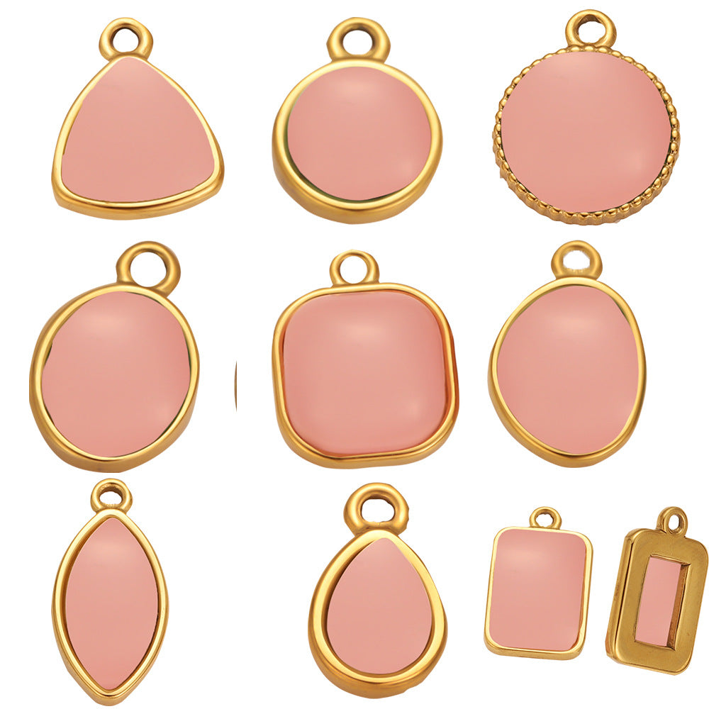Stainless steel natural stone pendant pink oval European and American necklace pendant DIY jewelry accessories pendant accessories