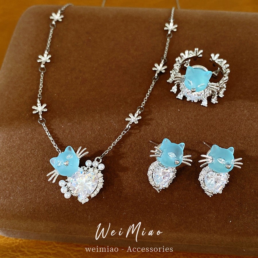 Zircon Flower Kitten Love Pearl Necklace Light Luxury Niche Clavicle Chain Casual Temperament Versatile Jewelry Set