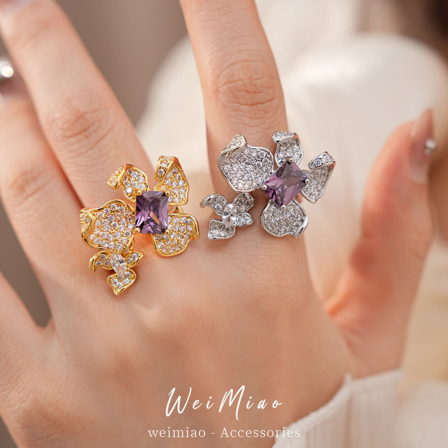 18k real gold electroplated zircon flower opening ring niche high-end ring exquisite light luxury temperament jewelry