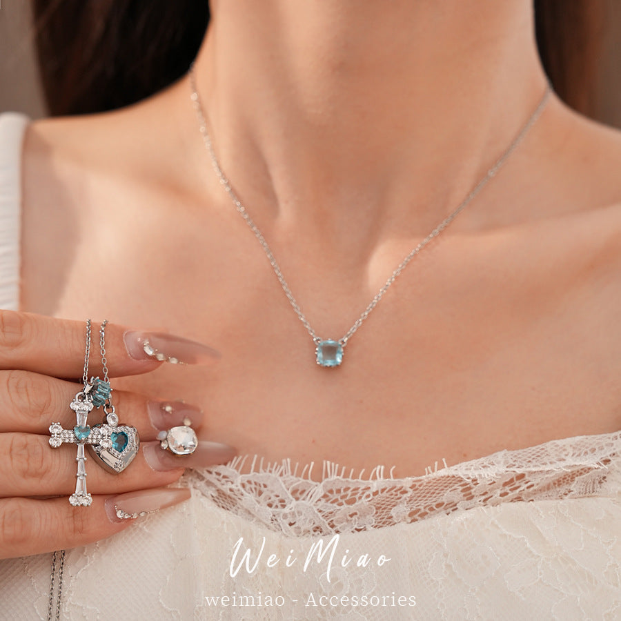 Blue zircon geometric cross love necklace light luxury niche high-end clavicle chain temperament personalized necklace