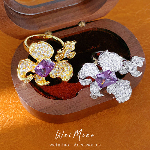 18k real gold electroplated zircon flower opening ring niche high-end ring exquisite light luxury temperament jewelry