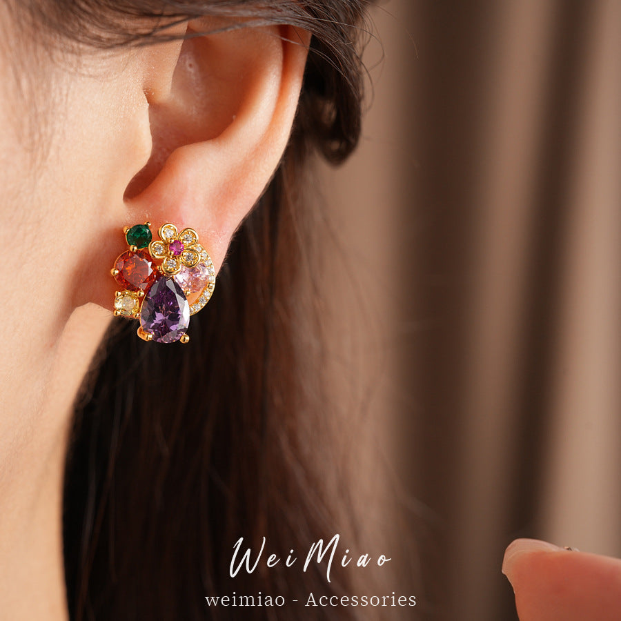 Silver needle inlaid zircon flower water drop round stud earrings exquisite temperament niche earrings light luxury high-end earrings wholesale