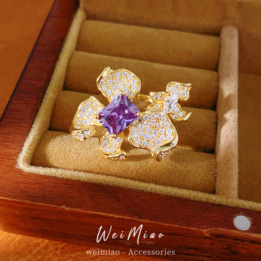 18k real gold electroplated zircon flower opening ring niche high-end ring exquisite light luxury temperament jewelry
