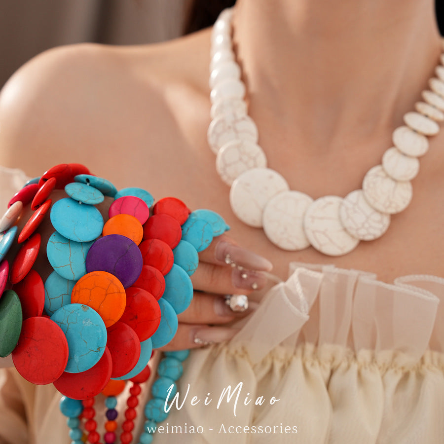 Dopamine Round Color Stone Beaded Necklace Light Luxury Niche Clavicle Chain Holiday Accessories Temperament Fashion Items