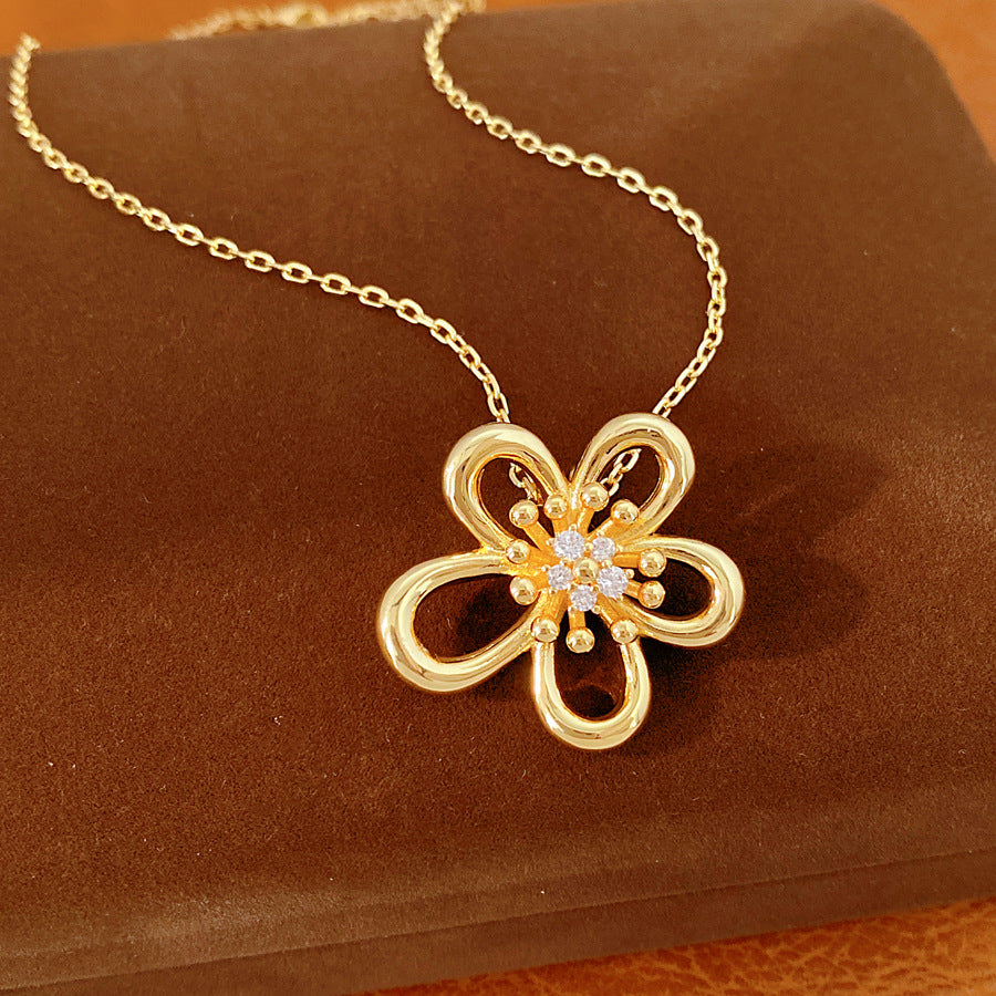 18k real gold electroplated zirconium hollow flower necklace light luxury niche collarbone chain personalized temperament high-end jewelry set