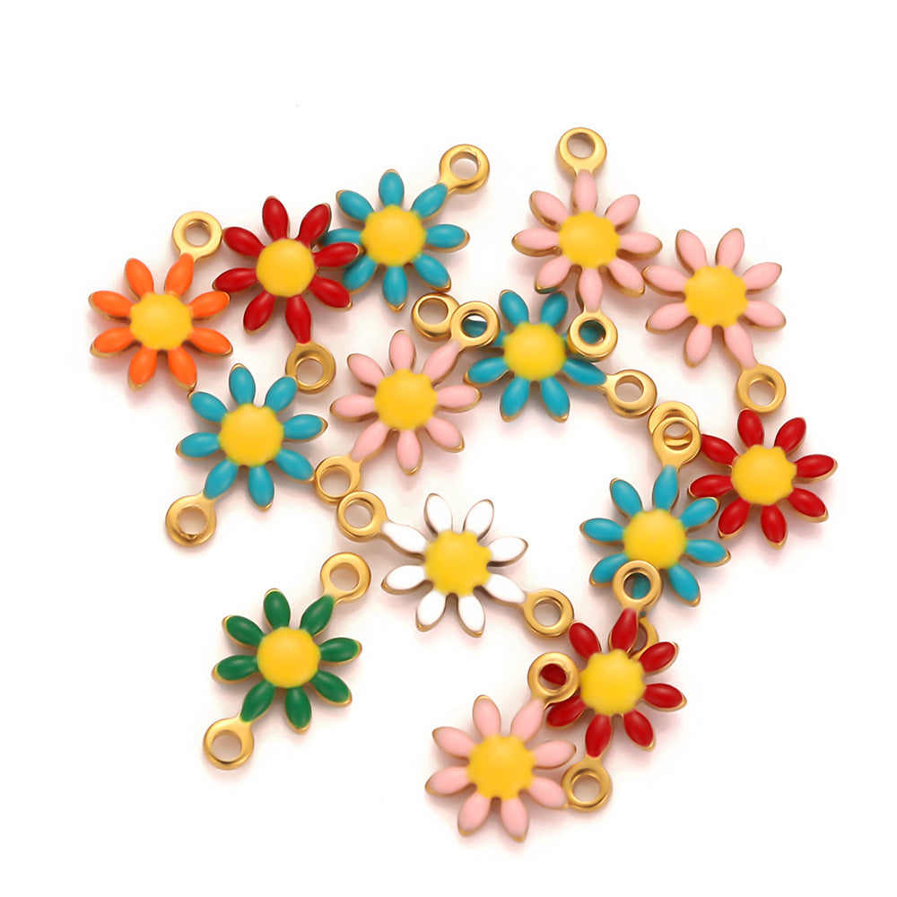 Stainless steel oil dripping double hanging small daisy DIY jewelry accessories pendant handmade chain connector accessories pendant