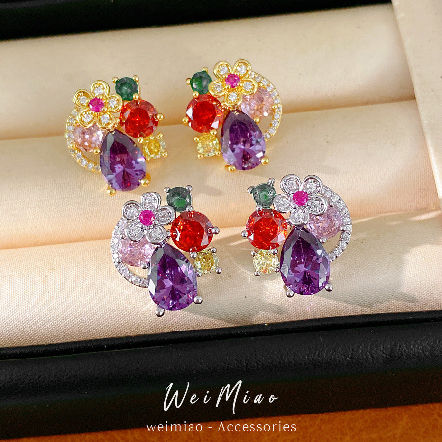 Silver needle inlaid zircon flower water drop round stud earrings exquisite temperament niche earrings light luxury high-end earrings wholesale