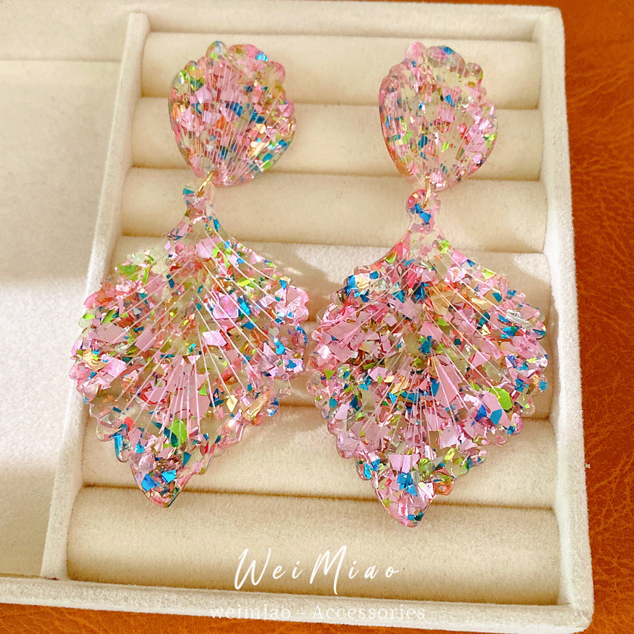 Silver needle pink leaf stud earrings European and American style fashion personality niche exaggerated earrings light luxury high-end earrings wholesale