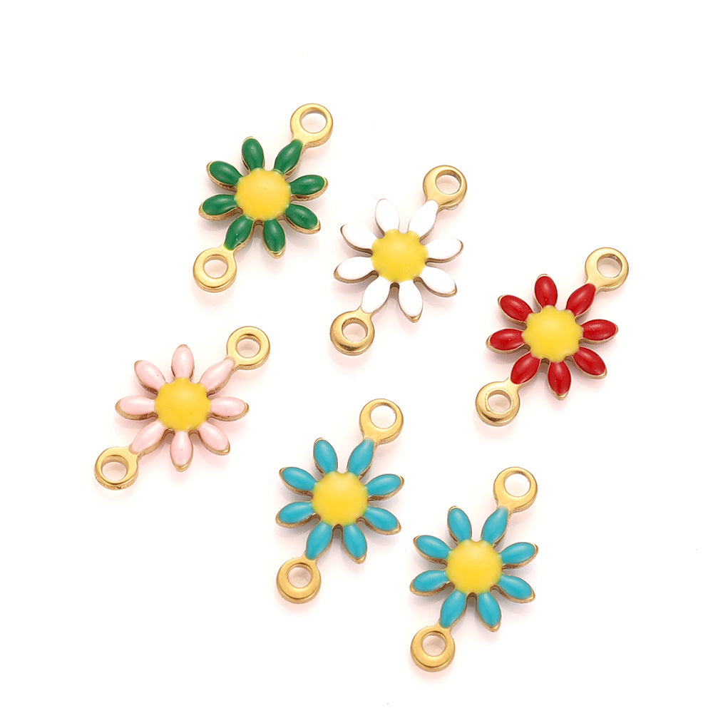 Stainless steel oil dripping double hanging small daisy DIY jewelry accessories pendant handmade chain connector accessories pendant