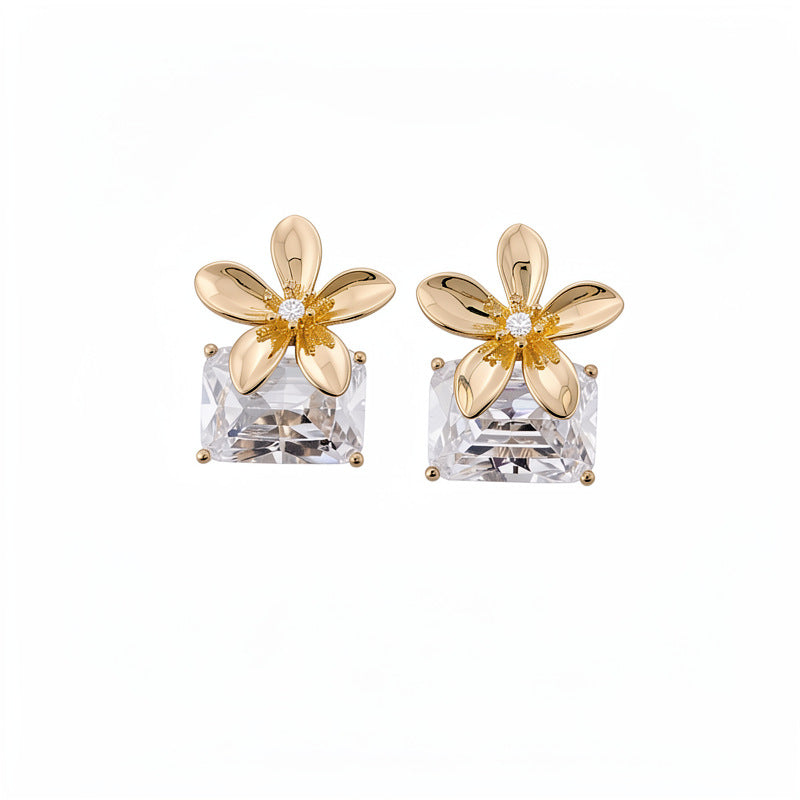 Real gold electroplated silver needle flower inlaid zircon square stud earrings simple temperament versatile earrings light luxury high-end earrings