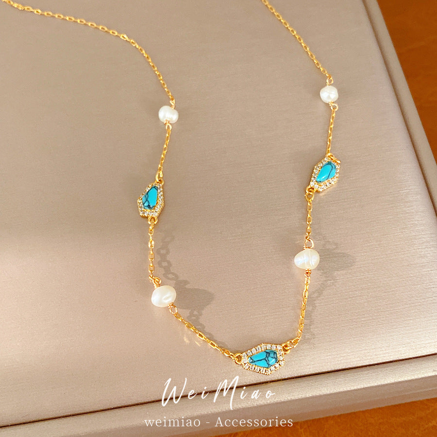 18k real gold electroplated zircon freshwater pearl stone necklace light luxury niche collarbone chain temperament retro necklace women