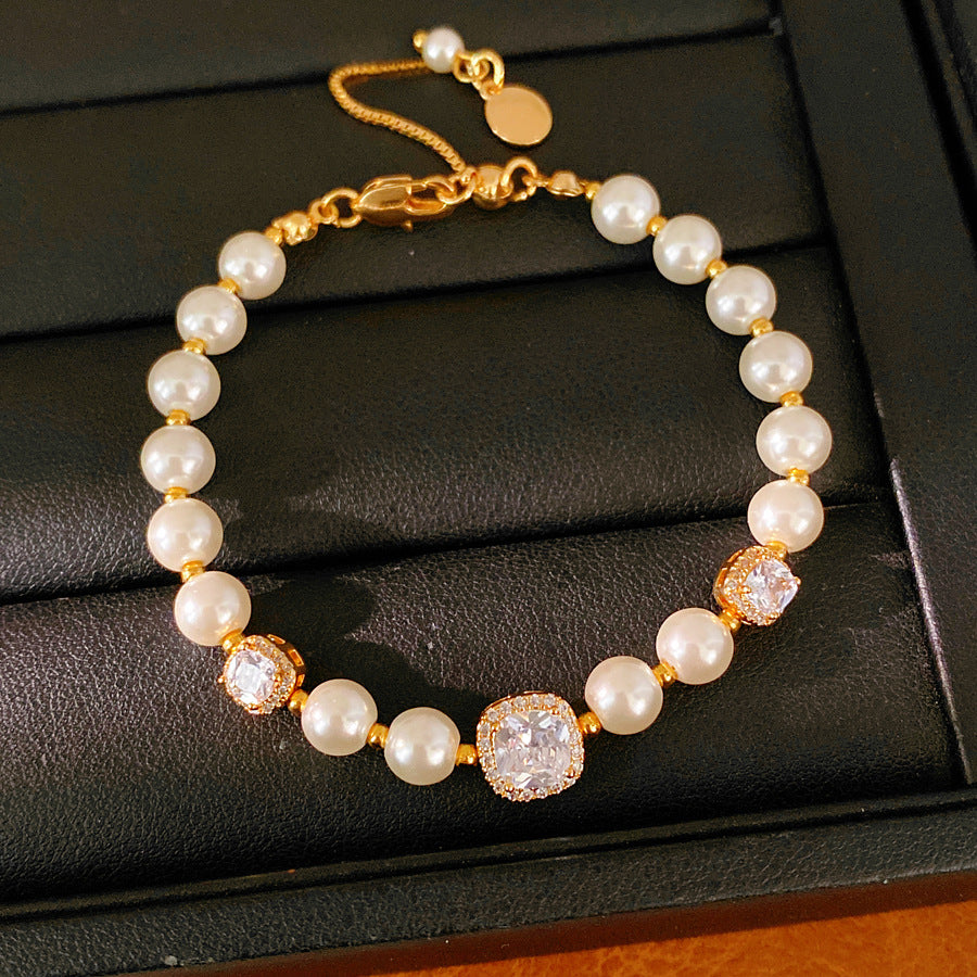 18k real gold electroplated square zircon beaded pearl bracelet light luxury niche bracelet commuting versatile jewelry wholesale
