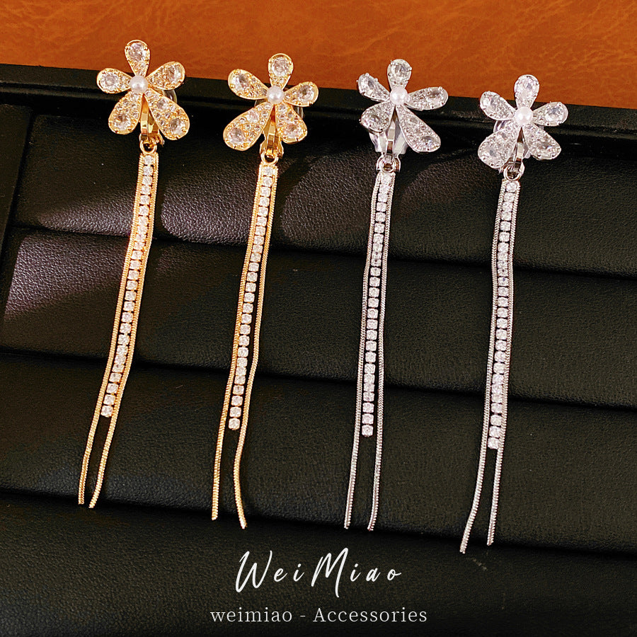 Zircon pearl flower fringed ear clips for women without ear piercings temperament fashion earrings light luxury high-end earrings wholesale