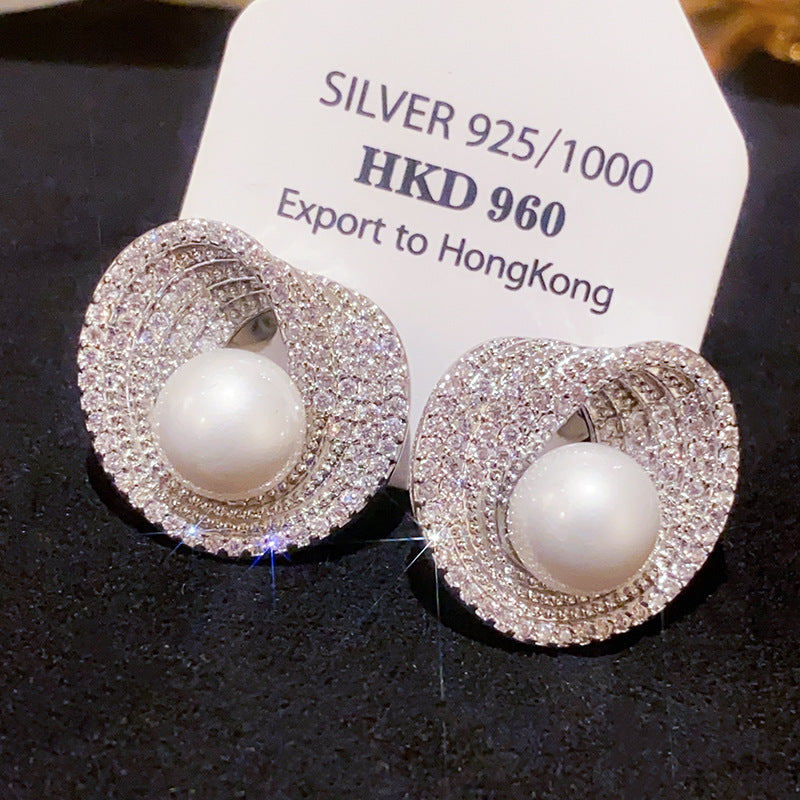 Sterling Silver Zirconia Pearl Stud Earrings - Elegant Luxury Design
