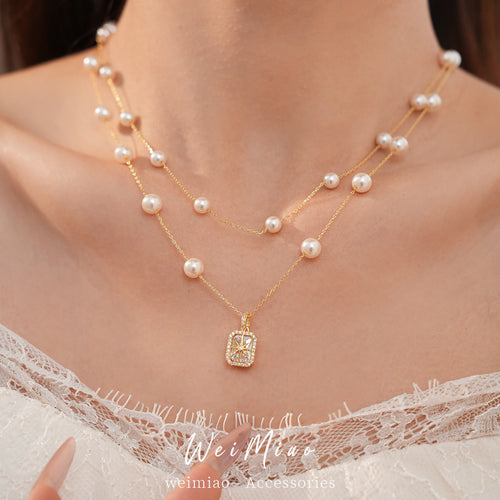 18k real gold electric double-layer zircon mango pearl necklace light luxury niche high-end clavicle chain temperament wind necklace decoration