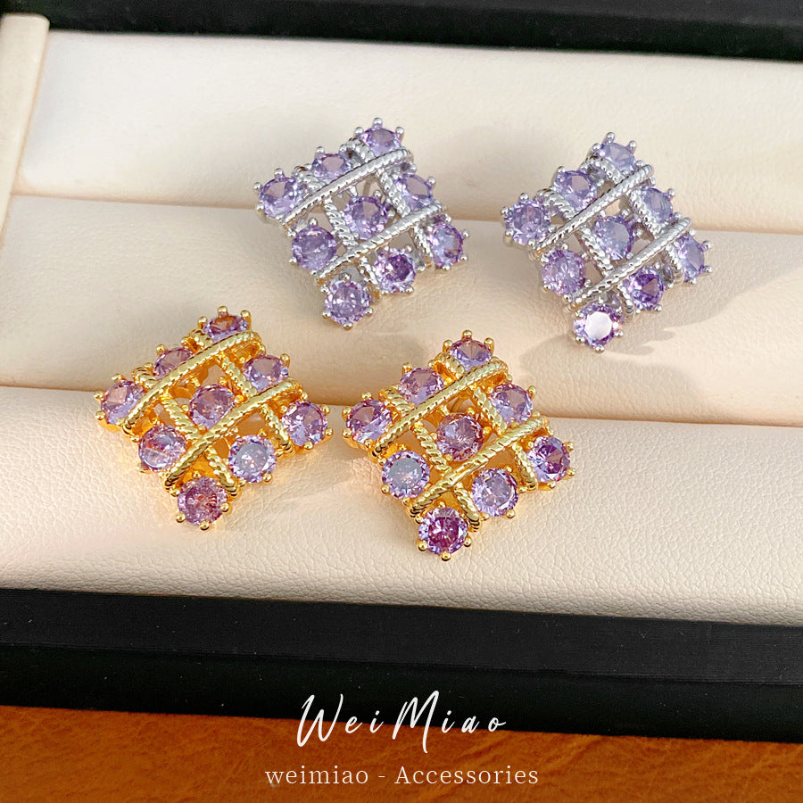 18k real gold electroplated silver needle inlaid zircon rhombus stud earrings personalized temperament niche earrings light luxury high-end earrings