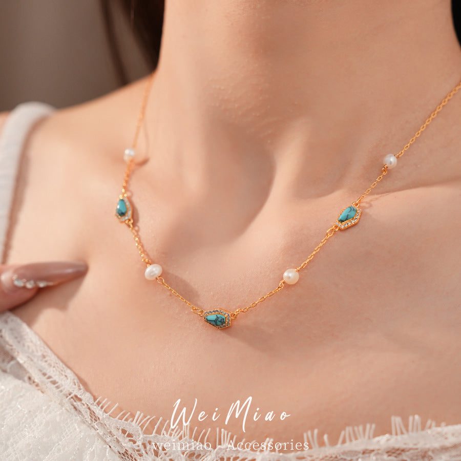 18k real gold electroplated zircon freshwater pearl stone necklace light luxury niche collarbone chain temperament retro necklace women
