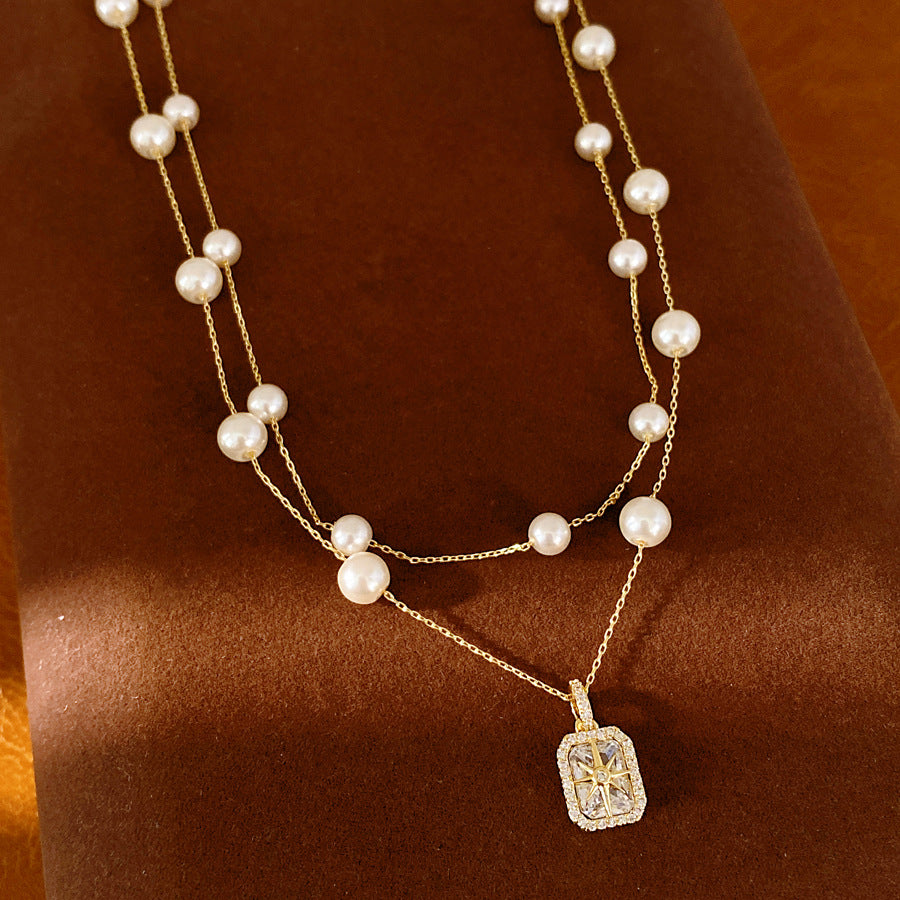 18k real gold electric double-layer zircon mango pearl necklace light luxury niche high-end clavicle chain temperament wind necklace decoration