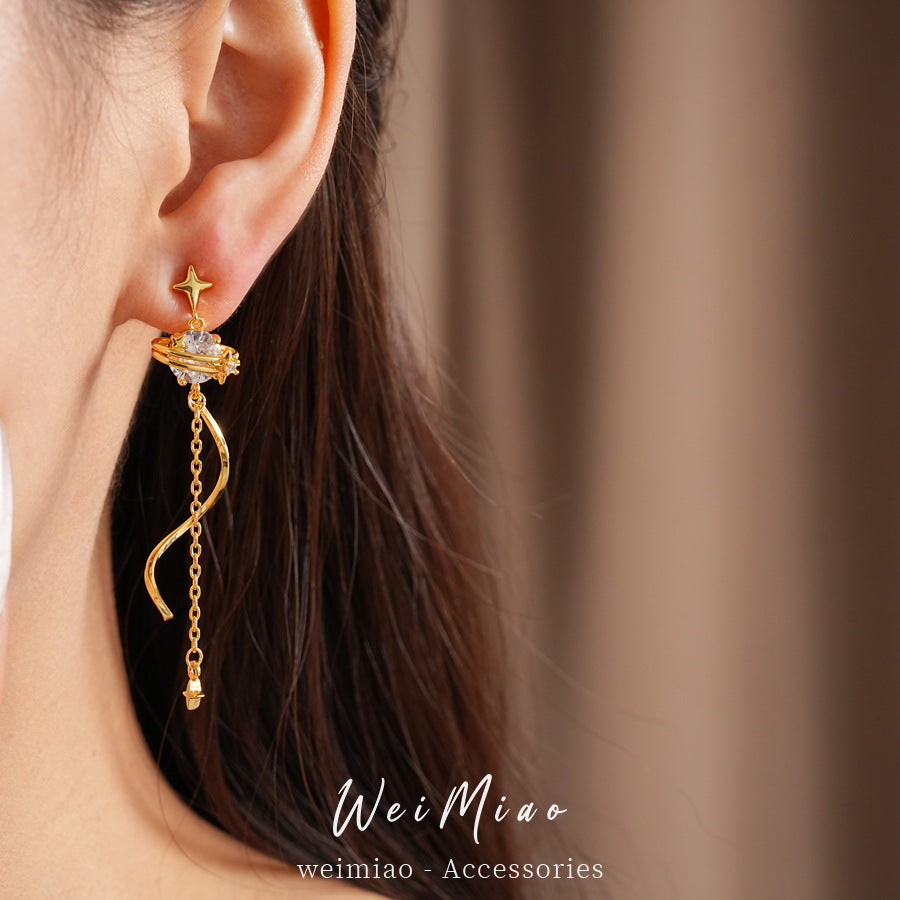 18k real gold electroplated silver needle zircon mango asymmetric stud earrings personalized temperament earrings light luxury high-end earrings