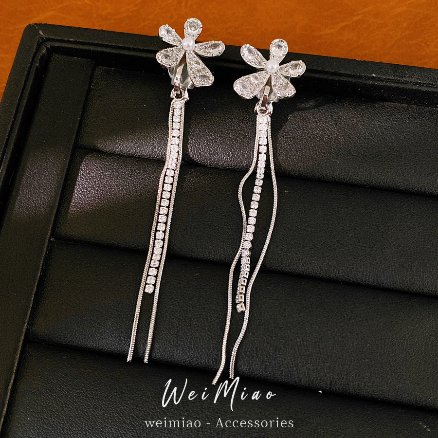 Zircon pearl flower fringed ear clips for women without ear piercings temperament fashion earrings light luxury high-end earrings wholesale