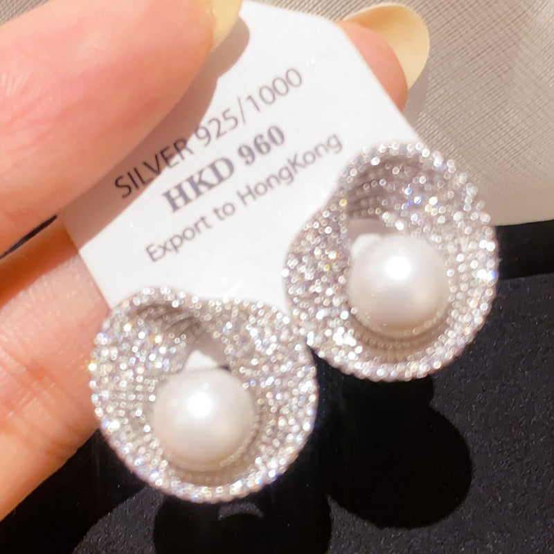 Silver needle zircon irregular round pearl stud earrings light luxury high-end earrings exquisite temperament personalized niche earrings