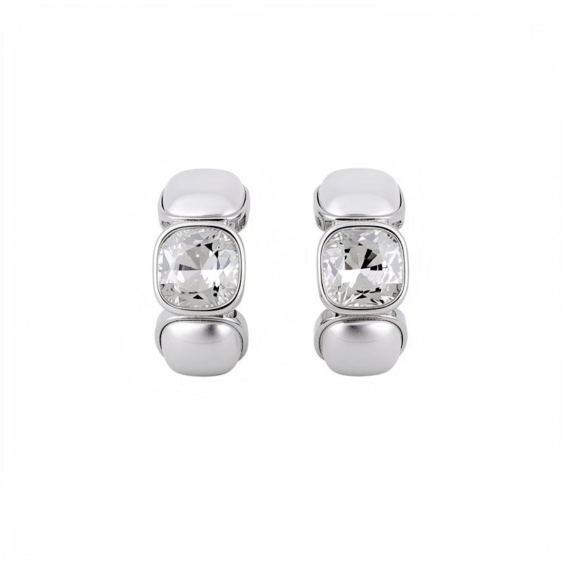 Diamond-set geometric square round pearl ear buckle minimalist style personalized temperament earrings light luxury high-end earrings wholesale