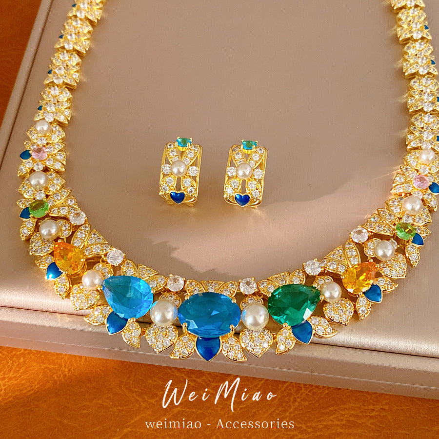 Court style zircon flower water drop pearl necklace light luxury niche collarbone chain high-end exquisite jewelry set