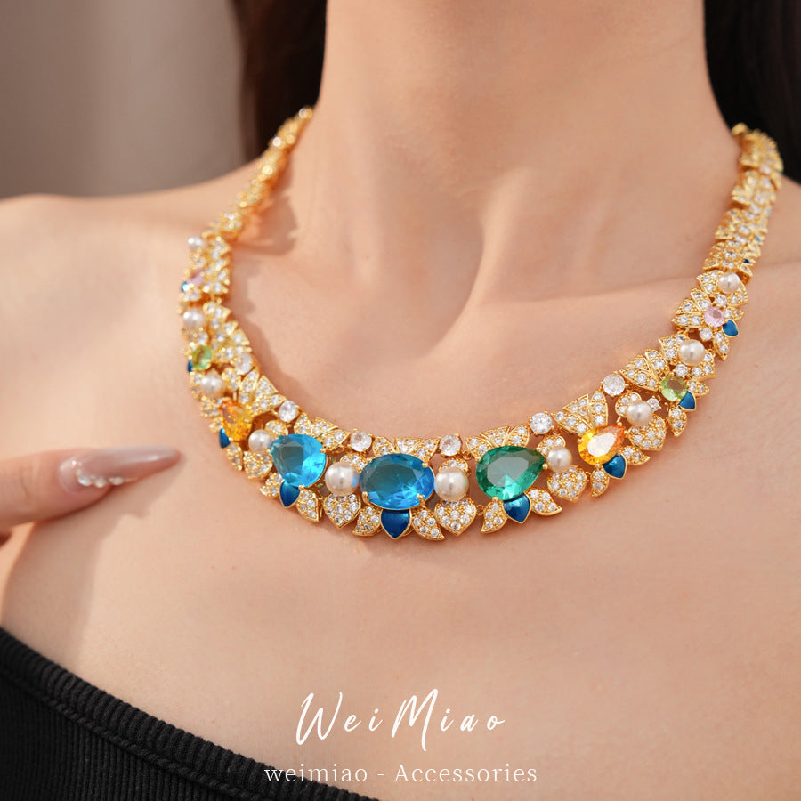 Court style zircon flower water drop pearl necklace light luxury niche collarbone chain high-end exquisite jewelry set