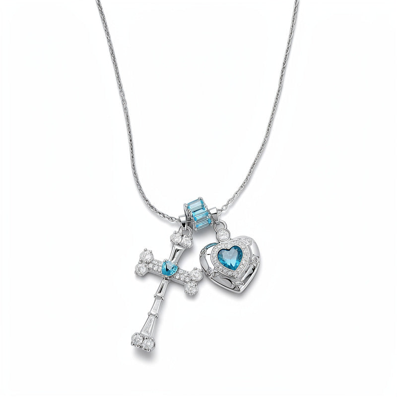 Blue zircon geometric cross love necklace light luxury niche high-end clavicle chain temperament personalized necklace