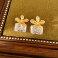 Real Gold Electroplated Silver Needle Flower Inlaid Zircon Square Stud Earrings Simple Temperament Versatile Earrings Light Luxury High-end Earrings