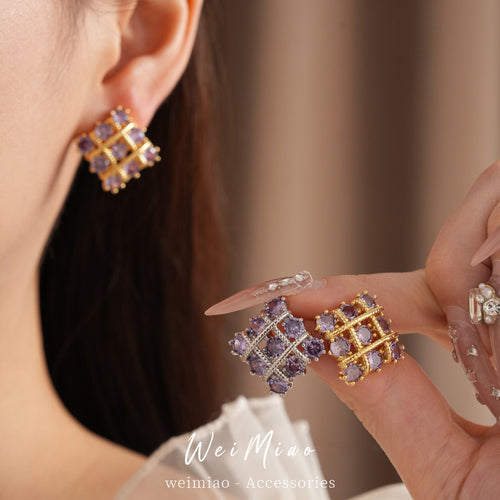 18k real gold electroplated silver needle inlaid zircon rhombus stud earrings personalized temperament niche earrings light luxury high-end earrings