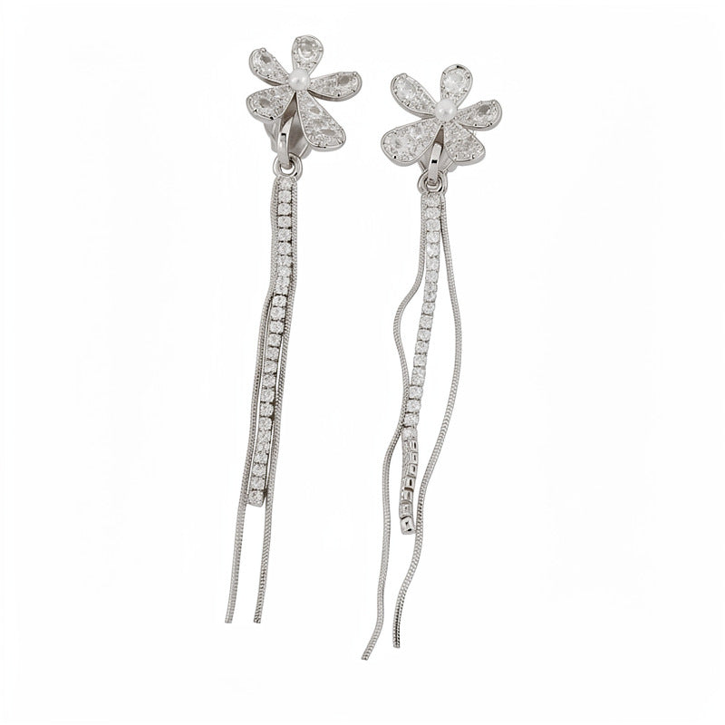 Zircon pearl flower fringed ear clips for women without ear piercings temperament fashion earrings light luxury high-end earrings wholesale