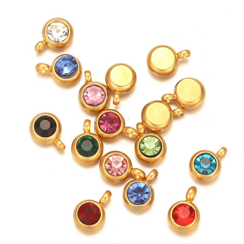 Stainless steel lucky stone pendant with diamonds 12-color birthday stone necklace DIY pendant accessories do not fade pendant accessories