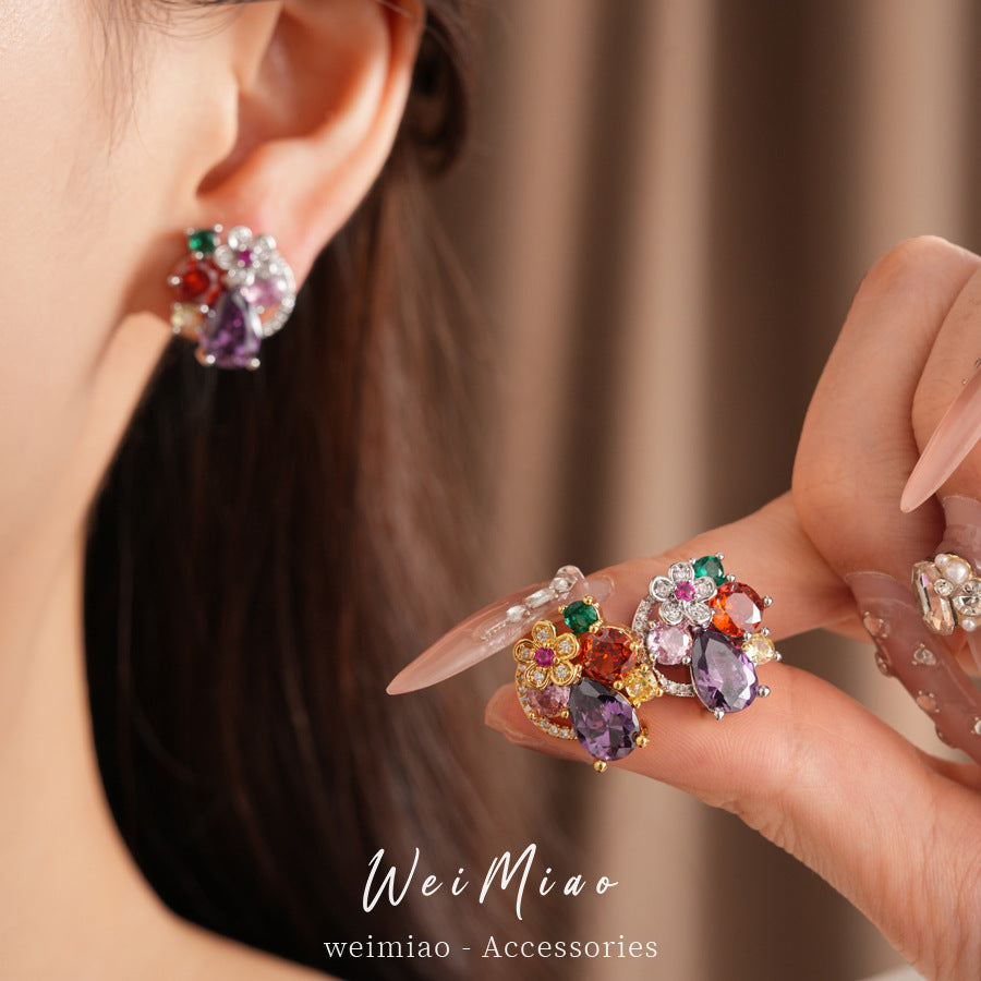 Silver needle inlaid zircon flower water drop round stud earrings exquisite temperament niche earrings light luxury high-end earrings wholesale