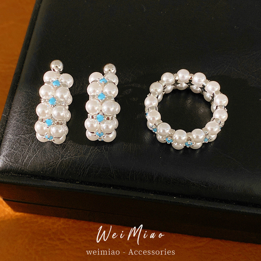 Zircon beaded round pearl stud earrings simple temperament versatile earrings light luxury high-end jewelry set wholesale