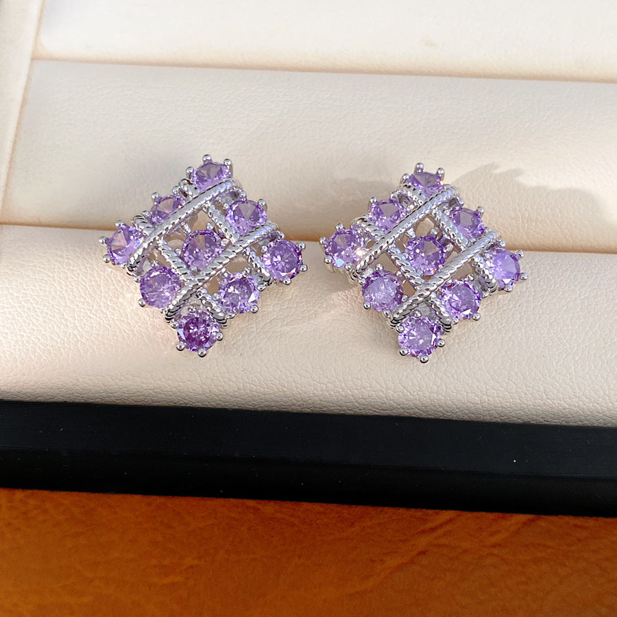 18k real gold electroplated silver needle inlaid zircon rhombus stud earrings personalized temperament niche earrings light luxury high-end earrings