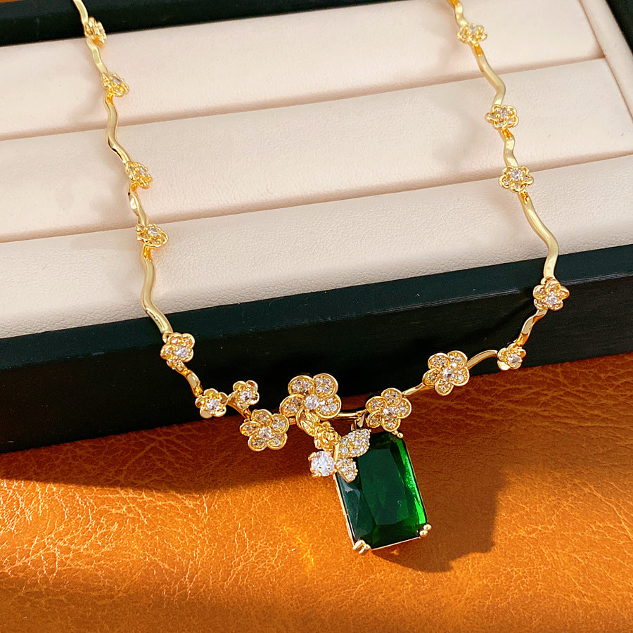 Court style exquisite zircon flower butterfly square necklace light luxury niche collarbone chain high-end jewelry set