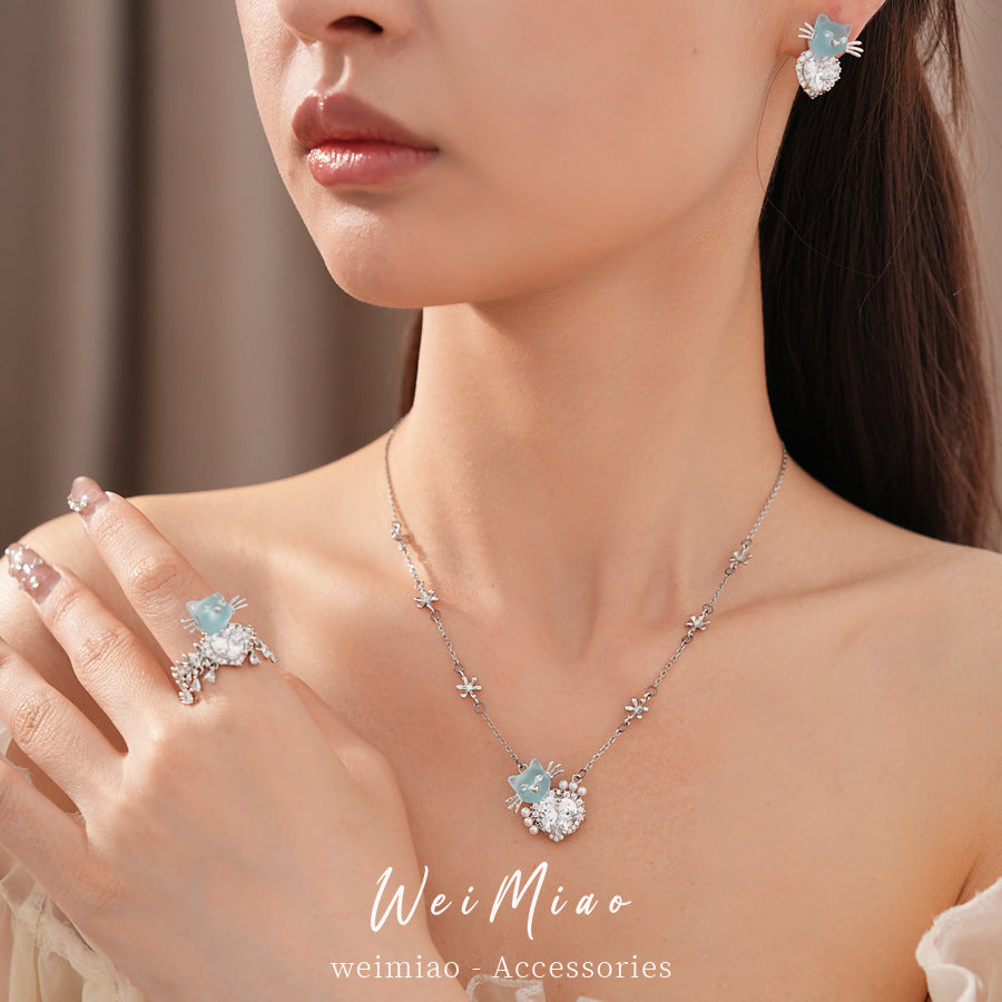 Zircon Flower Kitten Love Pearl Necklace Light Luxury Niche Clavicle Chain Casual Temperament Versatile Jewelry Set