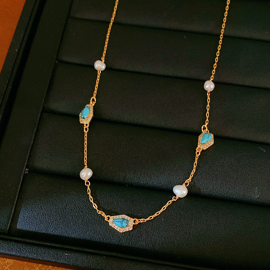 18k real gold electroplated zircon freshwater pearl stone necklace light luxury niche collarbone chain temperament retro necklace women