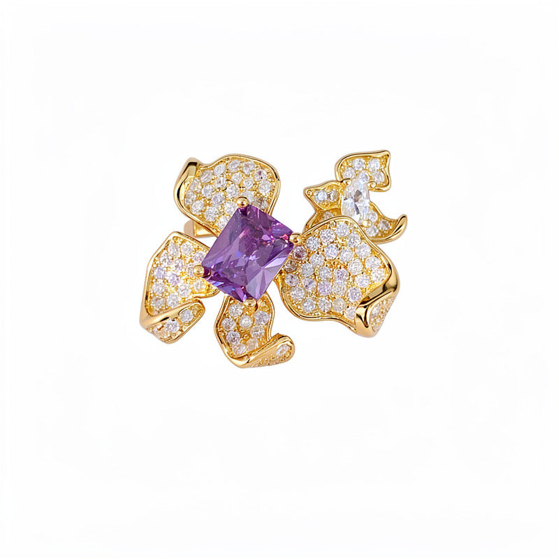18k real gold electroplated zircon flower opening ring niche high-end ring exquisite light luxury temperament jewelry
