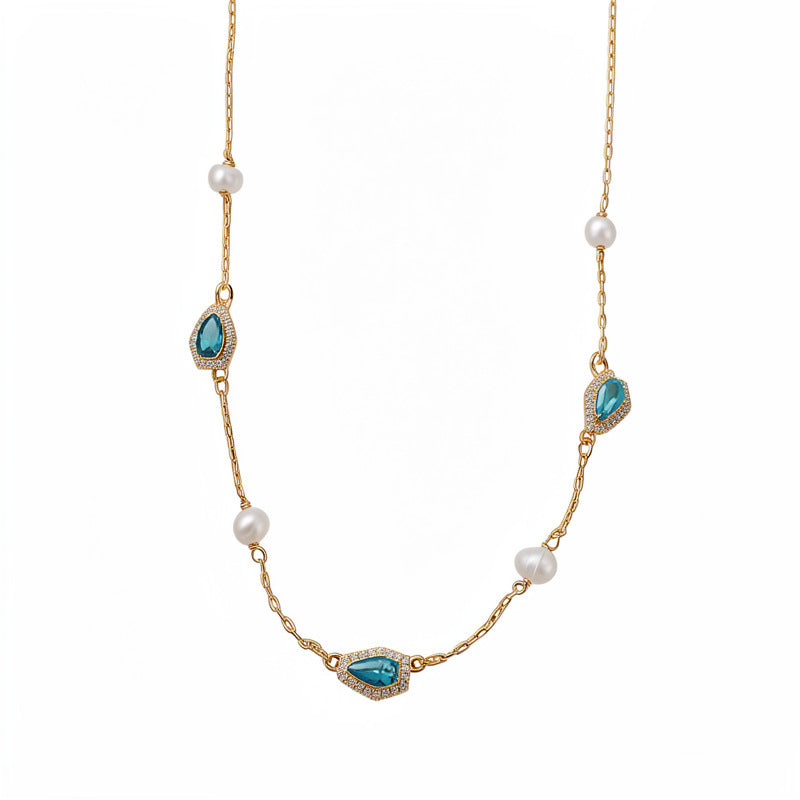 18k real gold electroplated zircon freshwater pearl stone necklace light luxury niche collarbone chain temperament retro necklace women